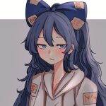  1girl :/ blue_bow blue_eyes blue_hair bow closed_mouth expressionless grey_background grey_hoodie hair_between_eyes hair_bow half-closed_eyes highres hood hoodie long_hair looking_at_viewer mesuosushi simple_background solo touhou very_long_hair yorigami_shion 