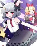  3girls absurdres animal animal_ears black_hair black_skirt blonde_hair blush closed_eyes collared_shirt dress gloves grey_hair highres hijiri_byakuren holding holding_microphone microphone mouse mouse_ears mouse_tail multicolored_hair multiple_girls nazrin necktie open_mouth red_dress red_eyes red_necktie shirt short_hair skirt sleeveless sleeveless_shirt smile tail toramaru_shou touhou two-tone_hair white_gloves white_shirt you_(noanoamoemoe) 