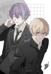  2boys absurdres aqua_hair bespectacled black_jacket blazer blonde_hair buttons closed_eyes collared_shirt diagonal-striped_necktie earrings gakuran glasses grey_sweater hair_between_eyes hand_up highres ichigo_ichie_na_hyakki_yagyou!?_(project_sekai) jacket jewelry kamishiro_rui lapels leaf long_sleeves looking_at_viewer male_focus multicolored_hair multiple_boys notched_lapels official_alternate_costume official_alternate_hairstyle open_clothes open_jacket orange_hair oyasumi_dm parted_lips project_sekai purple_hair school_uniform shirt short_hair short_sleeves streaked_hair sweater tenma_tsukasa two-tone_hair upper_body 