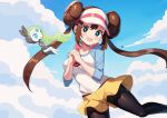  1girl :d absurdres aqua_eyes baozi_9527 blush bow brown_hair chinese_commentary clouds commentary_request day double_bun doughnut_hair_bun eyelashes hair_bun hands_up highres looking_at_viewer meloetta open_mouth outdoors own_hands_together pantyhose pink_bow pokemon pokemon_(creature) pokemon_(game) pokemon_bw2 raglan_sleeves rosa_(pokemon) short_shorts shorts sky smile twintails visor_cap white_headwear yellow_shorts 