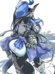  1girl blue_hair clorinde_(genshin_impact) dress feathers frilled_sleeves frills genshin_impact gloves hat hat_feather mochi_upamo simple_background solo violet_eyes white_background white_gloves 