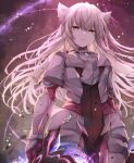  1girl animal_ear_fluff animal_ears armor armored_bodysuit bodysuit breastplate cat_ears cat_girl commentary_request gauntlets gloves grey_hair hair_between_eyes highres holding holding_weapon long_hair looking_at_viewer m_(xenoblade) purple_gloves solo ui_frara very_long_hair weapon xenoblade_chronicles_(series) xenoblade_chronicles_3 yellow_eyes 