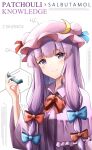  1girl blue_bow bow capelet character_name chemical_structure closed_mouth commentary crescent crescent_pin hair_bow hat highres inhaler kuneamorai long_hair mob_cap molecule patchouli_knowledge pink_headwear purple_capelet purple_hair red_bow sidelocks simple_background smile solo touhou upper_body violet_eyes white_background 