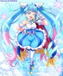  1girl ;d ankle_boots blue_cape blue_dress blue_eyes blue_footwear blue_hair boots cape commentary crossed_legs cure_sky cut_bangs dated detached_sleeves dress earrings fingerless_gloves fringe_trim full_body gloves hand_on_own_hip hanzou highres hirogaru_sky!_precure jewelry long_hair looking_at_viewer magical_girl multicolored_hair on_liquid one_eye_closed open_mouth pink_hair precure puffy_detached_sleeves puffy_sleeves red_cape single_earring single_sidelock sleeveless sleeveless_dress smile solo sora_harewataru sparkle standing standing_on_liquid streaked_hair thigh-highs twintails twitter_username two-sided_cape two-sided_fabric very_long_hair w white_gloves white_thighhighs wing_hair_ornament 