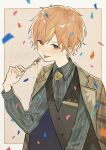  1boy :p blonde_hair buttons character_name collared_shirt commentary_request confetti dated earrings flower_earrings fork green_eyes happy_birthday highres holding holding_fork jacket jacket_on_shoulders jewelry jishio lapels long_sleeves male_focus multicolored_hair notched_lapels official_alternate_costume orange_hair project_sekai shinonome_akito shirt short_hair solo streaked_hair tongue tongue_out two-tone_hair upper_body 