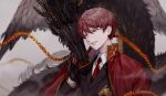  1boy animalization black_gloves black_jacket carol0905 coat collared_shirt dragon dragon_horns eastern_dragon gloves gold_trim highres horns jacket library_of_ruina lowell_(library_of_ruina) necktie parted_lips project_moon red_coat red_eyes red_necktie redhead shirt solo tie_clip upper_body white_shirt xiao_(library_of_ruina) 
