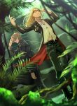  2boys absurdres black_coat black_nails black_pants blonde_hair cigarette coat command_spell daybit_sem_void fate/grand_order fate_(series) glasses highres jewelry jungle long_hair male_focus morita_yuu multiple_boys nature orange-tinted_eyewear pants pendant shirt tezcatlipoca_(fate) tinted_eyewear white_shirt 