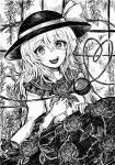  1girl :d commentary_request floral_print greyscale hat hat_ribbon heart heart_of_string highres komeiji_koishi looking_at_viewer medium_hair monochrome open_mouth ribbon rose_print smile solo teeth third_eye touhou upper_teeth_only washiwa 