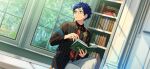  1boy bespectacled blue_hair book bookshelf collared_shirt crossed_legs dark_blue_hair diagonal-striped_necktie ensemble_stars! fingernails fushimi_yuzuru glasses happy_elements indoors keito_lecture_(ensemble_stars!) long_sleeves looking_to_the_side male_focus medallion official_art open_book pants parted_lips shirt short_bangs short_hair sitting solo suspenders third-party_source tree violet_eyes white_pants window 