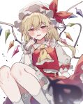  1girl ascot blonde_hair blush collared_shirt fang flandre_scarlet frilled_sleeves frills hair_between_eyes hat highres long_hair mob_cap one_side_up open_mouth pointy_ears red_eyes red_skirt red_vest shirt short_sleeves simple_background skirt smile socks solo sorani_(kaeru0768) touhou vest white_background white_headwear white_shirt white_socks wrist_cuffs yellow_ascot 