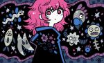  1girl blue_flower expressionless fish flower garouma long_hair looking_at_viewer original pink_eyes pink_hair print_cloak skeleton skull solo star_(symbol) surreal triangle upper_body 