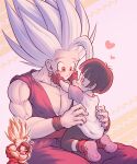  1boy 1girl :d :o ^_^ biceps black_hair black_pants black_wristband blunt_bangs blush blush_stickers boots brown_footwear brown_gloves child closed_eyes closed_mouth collarbone commentary_request dougi dragon_ball dragon_ball_super dragon_ball_super_super_hero eye_contact eyelashes father_and_daughter female_child fingerless_gloves gloves gohan_beast hands_up happy heart highres hug koukyouji looking_at_another muscular muscular_male open_mouth pan_(dragon_ball) pants pectorals red_eyes red_sash sash shirt short_hair short_sleeves simple_background sitting smile son_gohan spiky_hair t-shirt two-tone_background white_background white_hair white_shirt wristband 