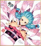  1girl beads blue_hair blue_nails character_name cherry_blossom_print commentary_request dated floral_print forehead foreshortening grin hair_beads hair_ornament hamada_yoshikazu highres japanese_clothes kimono kiriha_(tsugumomo) long_hair long_sleeves looking_at_viewer nail_polish obi official_art outstretched_arms print_kimono red_eyes sash shikishi signature simple_background smile solo teeth traditional_media tsugumomo white_background wide_sleeves 