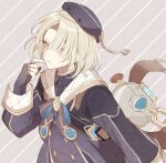  1boy androgynous blonde_hair blue_headwear blue_jacket brown_background closed_mouth expressionless freckles freminet_(genshin_impact) genshin_impact highres jacket long_sleeves male_focus multicolored_background short_hair solo striped striped_background su3ka violet_eyes white_background 