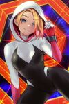  1girl artist_name black_jumpsuit blonde_hair blue_background blue_eyes breasts gwen_stacy highres hood hood_up jumpsuit looking_at_viewer marvel multicolored_hair orange_background smile solo spider-man:_into_the_spider-verse spider-man_(series) spider_web_background streaked_hair sunao_(70_the) two-tone_jumpsuit white_jumpsuit 