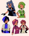  2boys 3girls black_eyes bodysuit bugsy_(pokemon) buttons cape clair_(pokemon) closed_eyes collared_shirt commentary_request earrings eyelashes falkner_(pokemon) gloves green_hair green_shirt green_shorts grin hair_between_eyes haori jacket japanese_clothes jewelry kimono logo long_hair multiple_boys multiple_girls open_clothes open_jacket parted_lips pokemon pokemon_(game) pokemon_gsc ponytail shirt short_hair short_sleeves shorts smile sweatdrop team_rocket team_rocket_executive team_rocket_grunt team_rocket_uniform teeth twintails tyako_089 wristband 