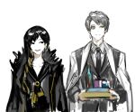  1boy 1girl binah_(project_moon) black_coat black_dress black_eyes black_hair black_necktie black_sailor_collar brooch closed_mouth coat coat_on_shoulders dress fur-trimmed_coat fur_trim green_eyes grey_hair grey_necktie grey_vest hokma_(project_moon) jewelry library_of_ruina long_hair monocle necktie nishikujic parted_lips project_moon sailor_collar simple_background smile vest white_background white_coat yellow_gemstone 