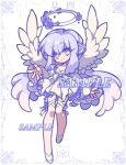  1girl angel_wings dress flower-shaped_pupils full_body halo highres leg_ribbon long_hair original outstretched_arm outstretched_hand purple_hair ribbon sample_watermark smile solo symbol-shaped_pupils thigh_ribbon very_long_hair violet_eyes white_background white_dress white_footwear white_ribbon white_wings wings xianyudian_laoban 