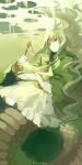  1girl demon demon_girl dress funamusea green_hair haiiro_teien highres key kuroko_mikura lamia lily_pad long_hair long_sleeves monster_girl pond sin_(haiiro_teien) solo underwater very_long_hair white_dress 