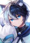  1boy :3 animal_ears bandaid bandaid_on_face bandaid_on_nose black_hair black_shirt blue_eyes cat_boy cat_ears cat_tail closed_mouth highres indie_virtual_youtuber jewelry long_sleeves male_focus multicolored_hair necklace nixtutyannh rugetsu_pepo shirt sleeves_past_fingers sleeves_past_wrists split-color_hair sweater tail turtleneck virtual_youtuber white_hair white_sweater yin_yang 