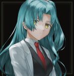  1girl angela_(project_moon) black_background black_vest blue_hair breasts closed_mouth collared_shirt commentary denney_(sukeru_ramune) eyes_visible_through_hair frown highres lab_coat lobotomy_corporation long_hair necktie one_side_up parted_bangs portrait project_moon red_necktie shirt simple_background small_breasts solo vest white_shirt yellow_eyes 