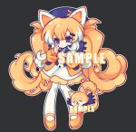  1girl :&lt; animal_ears black_headwear blonde_hair blue_eyes blue_scarf clenched_hands dog dog_ears dress full_body grey_background hands_up highres jacket knees_together_feet_apart long_hair mary_janes multicolored_hair original pantyhose sample_watermark scarf shoes solo streaked_hair tearing_up twintails very_long_hair white_dress white_hair white_pantyhose xianyudian_laoban yellow_footwear yellow_jacket 
