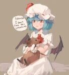  1girl animal ascot bat_wings black_eyes blue_hair blush bow brown_background capybara collared_dress dress english_commentary english_text hat hat_bow holding holding_animal mob_cap nervous orange_eyes red_ascot red_bow remilia_scarlet short_hair solo sparkle71059204 sweatdrop touhou white_dress white_headwear wings 