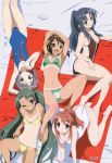  :d absurdres alternate_hairstyle armpits arms_up asahina_mikuru asakura_ryouko barefoot bikini black_hair black_swimsuit blue_eyes blue_swimsuit breasts brown_hair casual_one-piece_swimsuit cleavage green_bikini green_hair grey_hair grin h hair_ribbon highres kadowaki_satoshi long_hair lying megami mole multiple_girls nagato_yuki navel o-ring_top one-piece_swimsuit open_mouth ponytail ribbon scan short_hair side-tie_bikini smile sparkle suzumiya_haruhi suzumiya_haruhi_no_yuuutsu swimsuit swimsuit tan tan_lines tanline tsuruya very_long_hair wet white_swimsuit wink yellow_bikini 