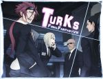   3boys bald black_hair blonde_hair blue_eyes dark_skin dress_shirt elena_(ff7) closed_eyes female final_fantasy final_fantasy_vii formal jacket long_hair looking_back male necktie open_mouth ponytail redhead reno rude short_hair sunglasses tseng turks yuzukarin  