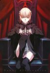  1girl blonde_hair fate/stay_night fate_(series) gothic saber saber_alter sitting thigh-highs throne type_moon yellow_eyes 