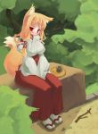 artist_request bench blonde_hair blush breasts drink erect_nipples fox_ears fox_tail hair_ornament highres impossible_clothes japanese_clothes kitsune large_breasts leaf long_hair miko nature outdoors red_eyes sandals sitting smile socks solo stick tail tray tree 