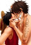  airotagivan brothers cheek_tug closed_eyes happy hat monkey_d_luffy multiple_boys one_piece portgas_d_ace siblings simple_background smile straw_hat tattoo 