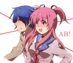  angel_beats! belt blazer blue_hair blush choker cross hinata_(angel_beats!) long_hair pink_eyes pink_hair school_uniform short_hair short_twintails twintails yui_(angel_beats!) 