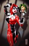  blue_eyes bodysuit bomb cane cleavage dc_comics face_paint gloves harley_quinn jester jester_cap lipstick mask shiny_clothes skin_tight standing 