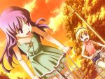  2girls bangs bare_shoulders bicycle blonde_hair blunt_bangs dress flat_chest furude_rika game_cg higurashi_no_naku_koro_ni houjou_satoko long_hair multiple_girls purple_eyes purple_hair red_eyes short_hair shorts smiling two_girls 