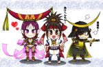  2girls armor brown_eyes brown_hair cape chibi da_ji date_masamune detached_sleeves eyepatch female gun hair_ornament hat headband himiko japanese_clothes kimono long_hair male musou_orochi musou_orochi_2 pantyhose peach-usa pointy_ears purple_hair sengoku_musou violet_eyes 