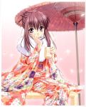  chikage_(sister_princess) chin_rest cup floral_print highres japanese_clothes kimono nail_polish oriental_umbrella parasol petals purple_eyes purple_hair sister_princess sitting smile solo umbrella 