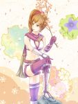  boots brown_eyes brown_hair female gloves hoshikirari kunoichi_(sengoku_musou) long_hair midriff ponytail scarf sengoku_musou sengoku_musou_3 shorts solo tanktop thigh-highs 