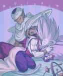  2boys armillary_sphere armlet baggy_pants biceps black_nails blurry blurry_background blush bracelet cape closed_eyes closed_mouth colored_skin commentary_request dougi dragon_ball dragon_ball_super dragon_ball_super_super_hero earrings fingernails gohan_beast green_skin grey_hair hand_up highres jewelry koukyouji long_fingernails looking_at_another lying male_focus multiple_boys muscular muscular_male namekian neck_ring on_side open_mouth pants piccolo pillow planet pointy_ears purple_background purple_pants red_sash sash shoulder_pads simple_background sitting sleeping smile smirk son_gohan spiky_hair star_(symbol) striped striped_background stuffed_animal stuffed_toy turban under_covers usekh_collar white_cape 