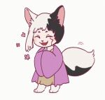  1boy animal_ears asagiri_gen black_hair chibi closed_eyes coat dr._stone fox_ears fox_tail furrification furry furry_male hua_hua_de_meme multicolored_hair open_mouth purple_coat smile split-color_hair tail white_background white_hair wide_sleeves 