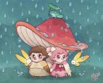  1boy 1girl artist_name beak bird_boy bird_girl bird_legs bird_wings bow bowl_cut bright_pupils brown_eyes brown_fur brown_hair bug dated double_bun frog furry furry_female furry_male grass green_background hair_bow hair_bun highres hua_hua_de_meme leaf_umbrella looking_at_another looking_up mushroom original pink_fur pink_hair rain red_eyes short_hair signature water_drop white_pupils wings yellow_bow 