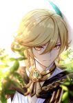  1boy absurdres animal_ears black_cape blonde_hair blurry cape commentary_request depth_of_field eyes_visible_through_hair feather_hair_ornament feathers genshin_impact hair_ornament highres kaveh_(genshin_impact) leaf male_focus orange_eyes portrait sirius_0905hz smile solo sunlight 