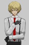  1boy black_gloves black_pants blonde_hair blush collared_shirt dokgo_die_docta_(d_o_t) gloves highres limbus_company looking_at_viewer male_focus necktie pants parted_lips project_moon red_necktie shirt sinclair_(limbus_company) solo suspenders white_shirt yellow_eyes 
