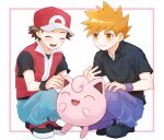  2boys :d baseball_cap black_footwear black_shirt black_wristband blue_oak brown_hair closed_eyes collared_shirt commentary_request framed hat highres jewelry jigglypuff male_focus mochi_(mocchi_p_2m) multiple_boys necklace open_mouth pants pokemon pokemon_(creature) pokemon_(game) pokemon_frlg purple_pants red_(pokemon) red_headwear red_vest shirt shoes short_hair short_sleeves smile spiky_hair squatting t-shirt teeth tongue upper_teeth_only vest white_background wristband 