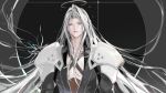  1boy armor belt black_background black_jacket black_sleeves chest_harness final_fantasy final_fantasy_vii grey_hair halo harness high_collar highres jacket long_hair long_sleeves male_focus open_clothes open_jacket pauldrons sephiroth shoulder_armor solo zzchen22 