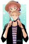  1boy 1girl :o alternate_costume anya_(spy_x_family) artist_name black_shirt blonde_hair blush bottle closed_mouth collarbone father_and_daughter frown hands_up hat holding holding_bottle katagiri_atsuko low_twintails medium_hair pink_hair shirt short_hair spy_x_family striped striped_shirt sun_hat sweatdrop teeth twilight_(spy_x_family) twintails upper_body upper_teeth_only watch watch 