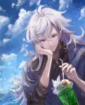  1boy absurdres clouds drink drinking_straw expressionless fate/grand_order fate_(series) fou_(fate) fruit_cup highres long_hair looking_at_viewer male_focus merlin_(fate) ocean pointy_ears sky solo_focus touchika upper_body violet_eyes white_hair 