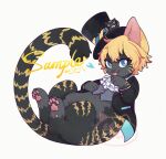  1boy :p animal_ears artist_name black_fur black_headwear black_jacket blonde_hair blue_eyes cat_boy cat_ears full_body furry furry_male grey_vest hand_up hat heart highres hua_hua_de_meme jacket licking licking_finger looking_at_viewer lying on_back original sample_watermark short_hair solo tilted_headwear tongue tongue_out top_hat vest white_background white_jabot 