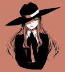  1girl black_headwear closed_mouth collared_shirt eyelashes hat hat_over_one_eye ikuris lipstick long_hair makeup monochrome round_eyewear shaded_face shirt simple_background smile solo spy_x_family suit sylvia_sherwood upper_body wide_brim 
