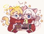  1boy 1girl :d ;3 animal animal_ears artist_name bird blonde_hair blue_eyes cat_ears cat_tail chibi chick green_eyes heart holding holding_animal holding_heart hua_hua_de_meme one_eye_closed original red_scarf sample_watermark scarf sitting smile tail white_hair yellow_background 